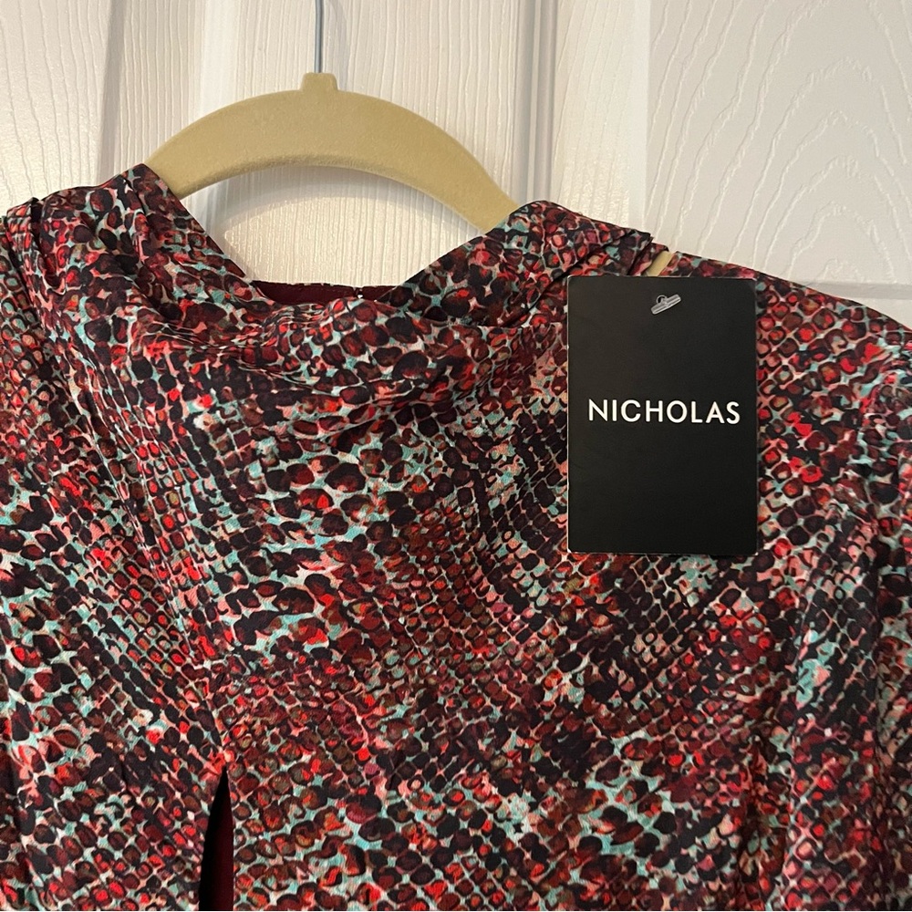 NICHOLAS Eleanor‎ Cross Neck Keyhole Gathered Printed Midi Dress SZ 10 NEW *FLAW - Picture 3 of 16